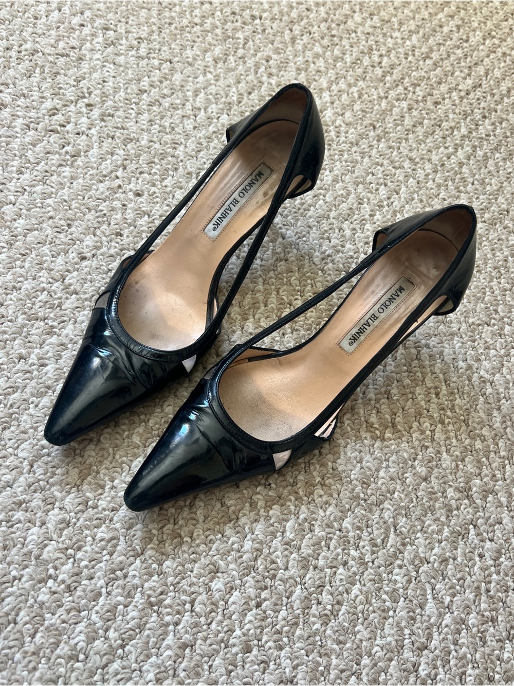 Manolo Blahnik Black Patent Pointed-Toe Slingback Pumps